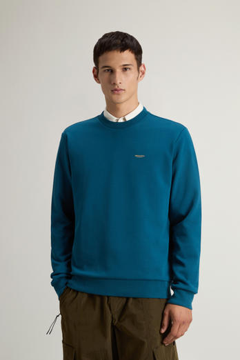 Crewneck Sweatshirt in Cotton-Blend Interlock with Logo Blue | Woolrich