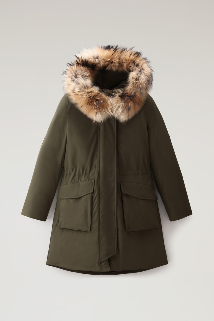 Woolrich Women Military Parka in Urban Touch Fabric with Raccoon Fur Green Size M