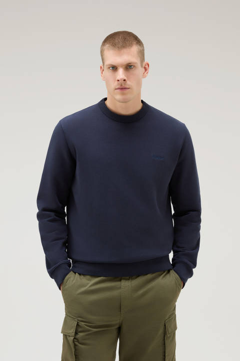 Crewneck Cotton Fleece Sweatshirt with Embroidered Logo Blue | Woolrich