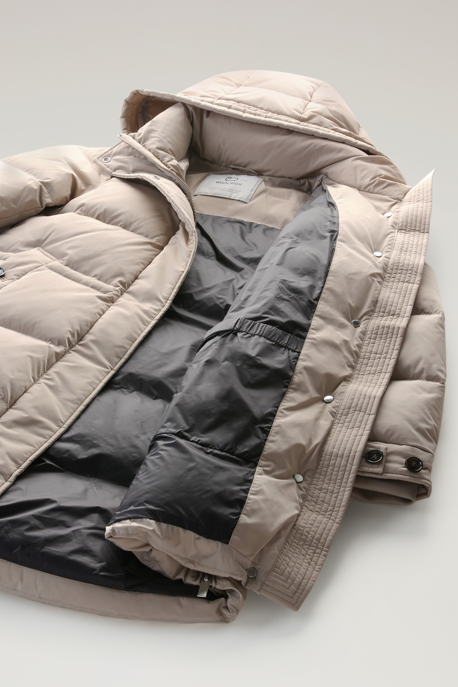 Hooded Alsea Down Jacket in Stretch Nylon Taupe photo 11 | Woolrich