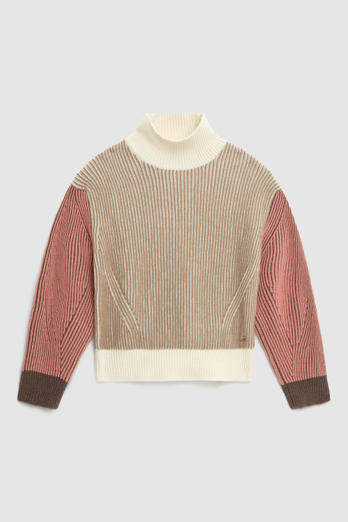 Turtleneck Sweater in Wool with Contrasting Sleeves Brown photo 1 | Woolrich