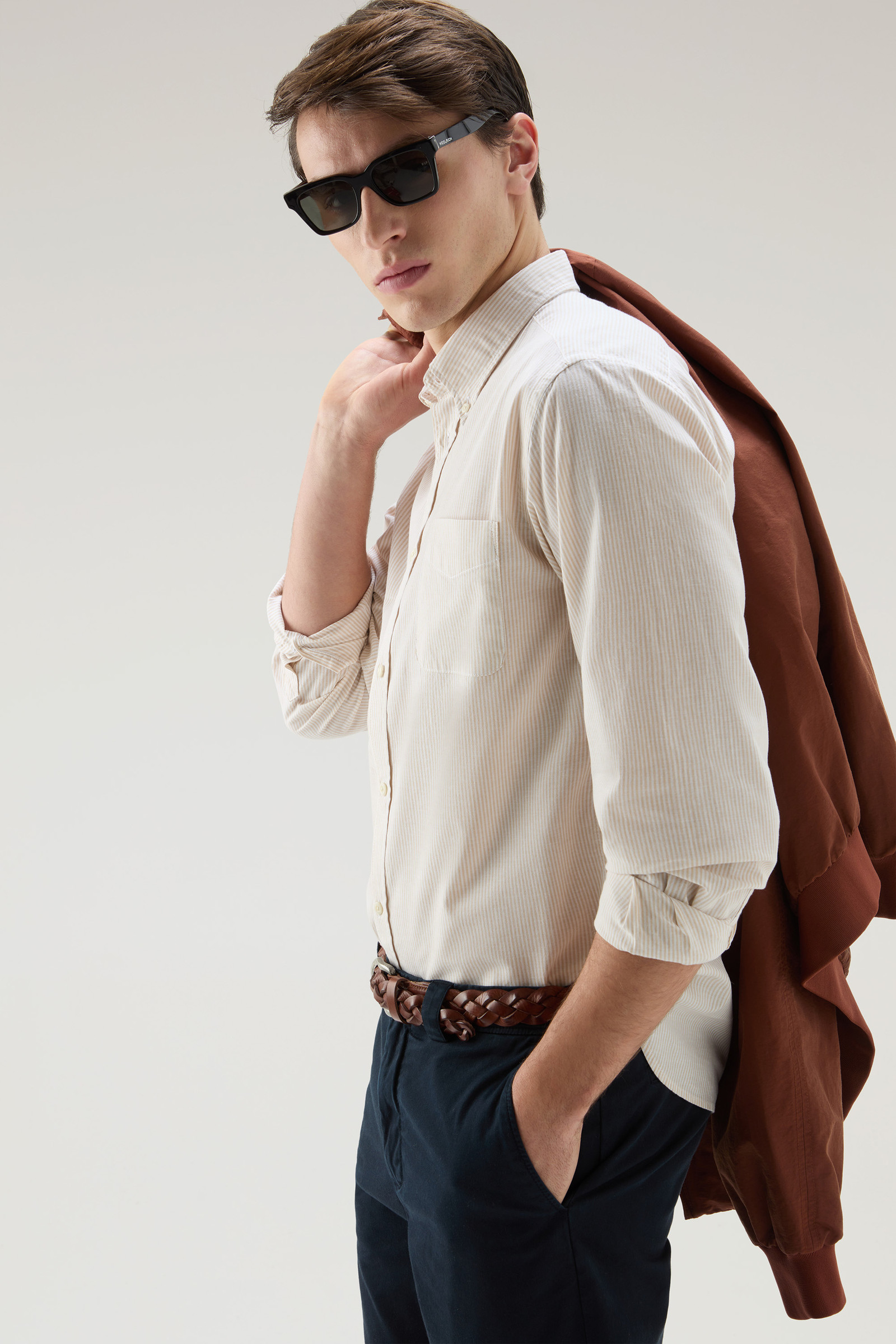 Chemise à rayures en lin et coton mélangés beige photo 4 | Woolrich