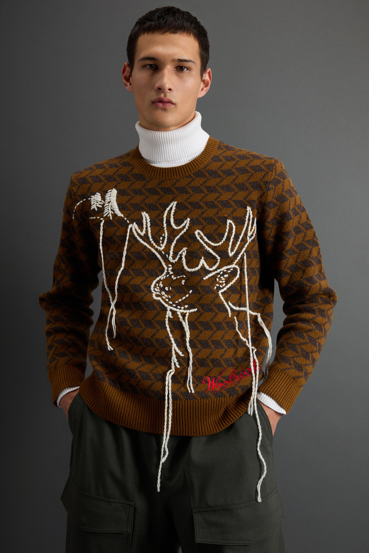 Crewneck Sweater in Pure Merino Wool with Embroidery by Todd Snyder Brown photo 4 | Woolrich