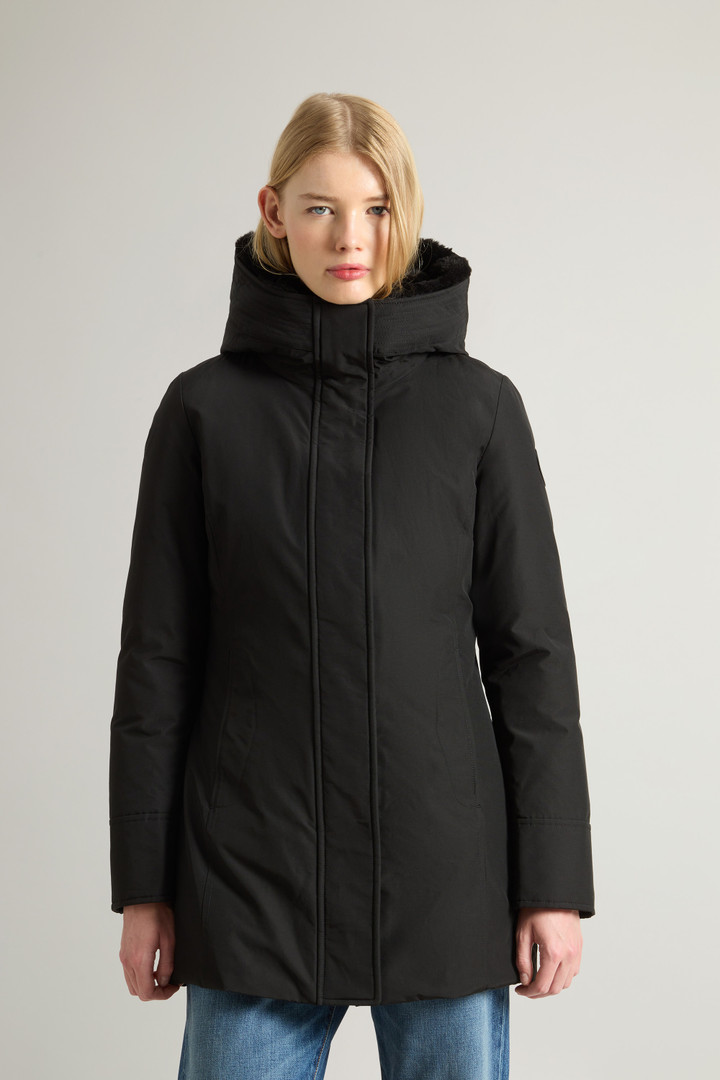 Boulder Parka in Ramar Cloth with Hood and Detachable Faux Fur Trim Black photo 1 | Woolrich