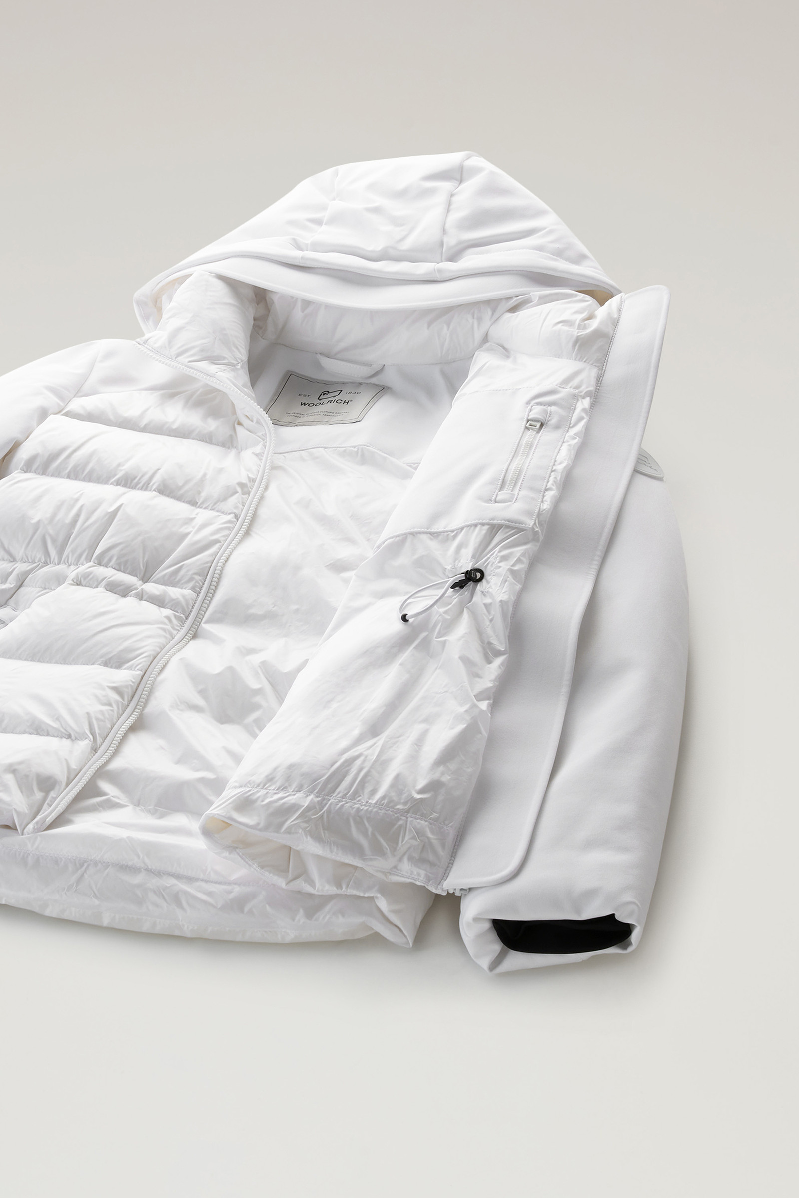 Women's Hybrid Hooded Down Jacket in Tech Softshell White