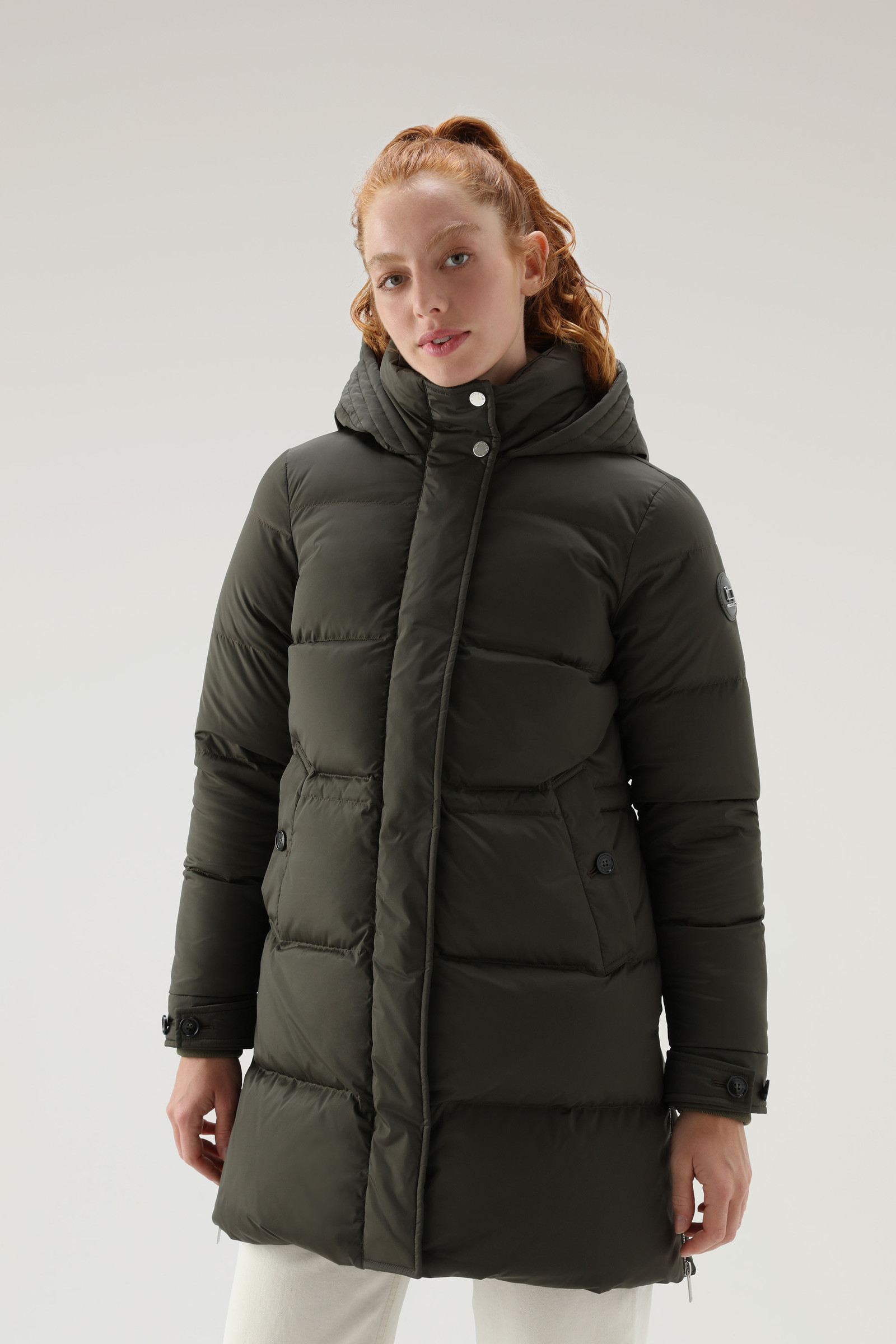 Grey Hooded Down Jacket in Green Womens Clothing Jackets Padded and down jackets - Save 12% Woolrich Synthetic Alsea 