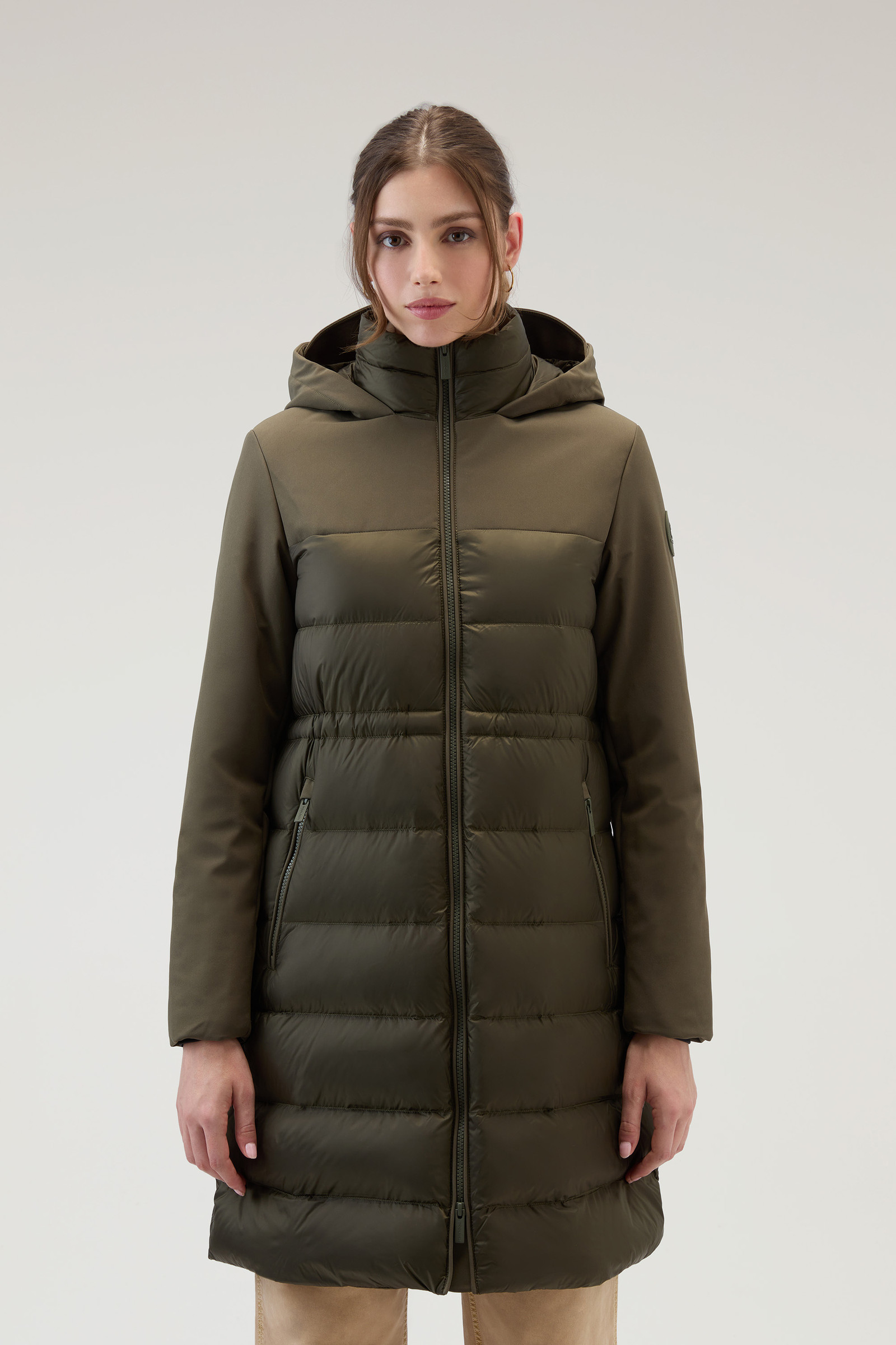 Women's Hybrid Quilted Parka in Tech Softshell Green | Woolrich USA