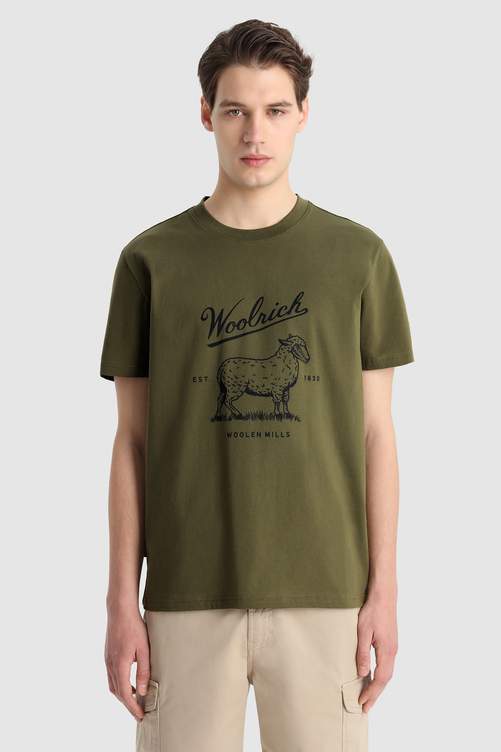 T-shirt en coton bio avec logo sur la poitrine vert | Woolrich