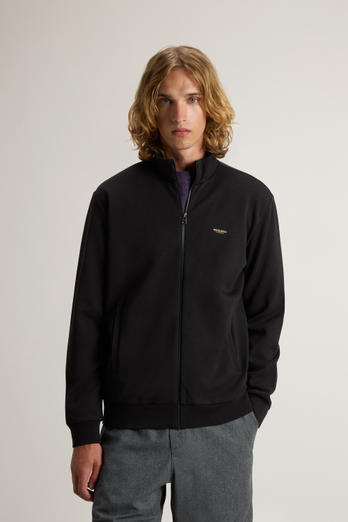 Full-Zip High Neck Sweatshirt in Cotton-Blend Interlock with Logo Black | Woolrich