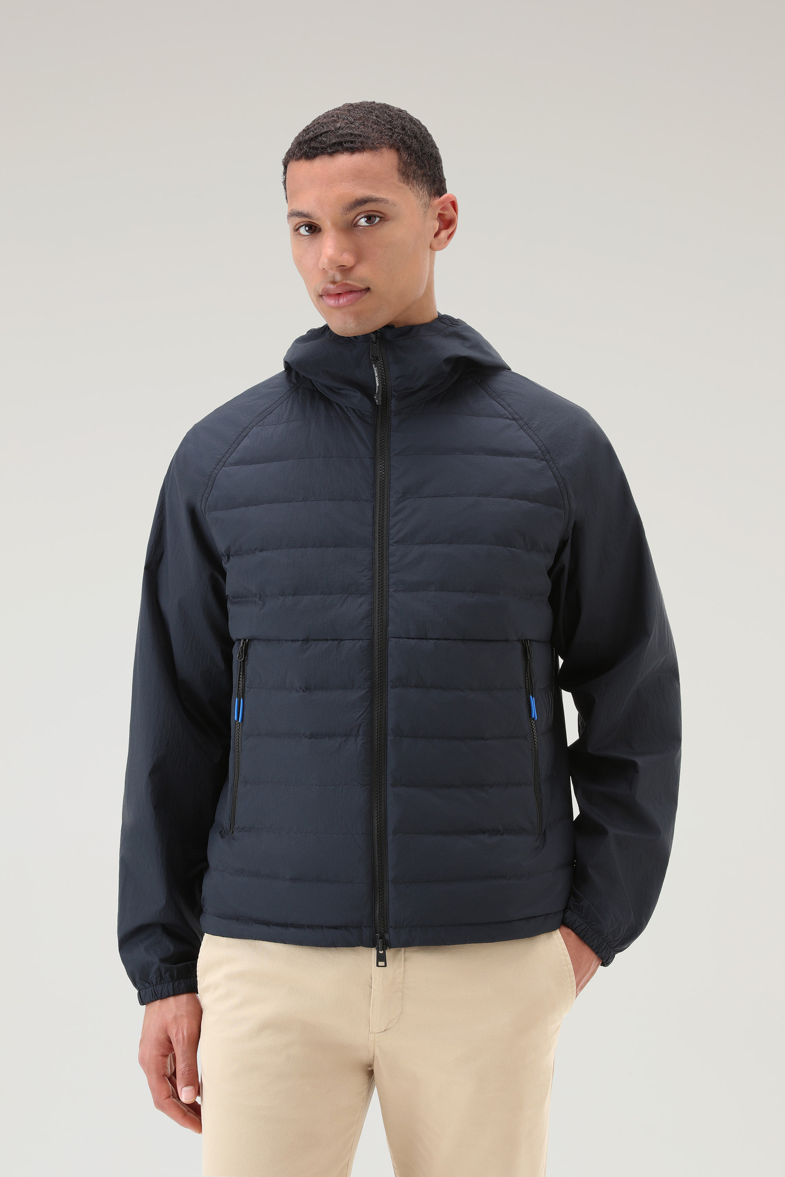 Veste Hybrid en nylon crinkle avec matelassage sur le devant et capuche bleu | Woolrich