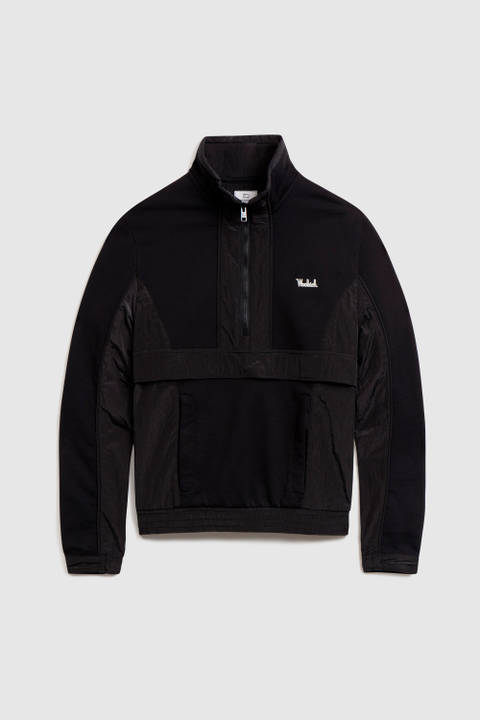 High-Neck Sweatshirt with Crinkle Nylon Details Black | Woolrich