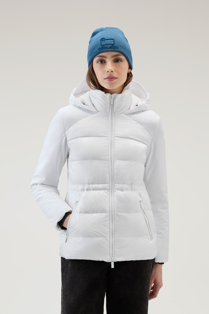 Women's Hybrid Hooded Down Jacket in Tech Softshell White