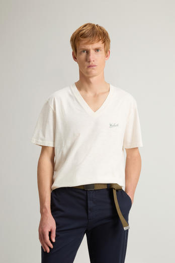 Pure Cotton Slub T-Shirt with V-Neck White | Woolrich