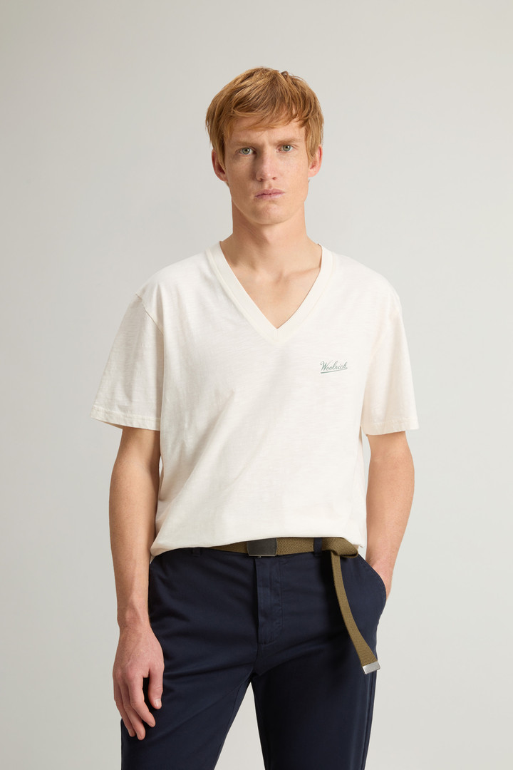 Pure Cotton Slub T-Shirt with V-Neck White photo 1 | Woolrich