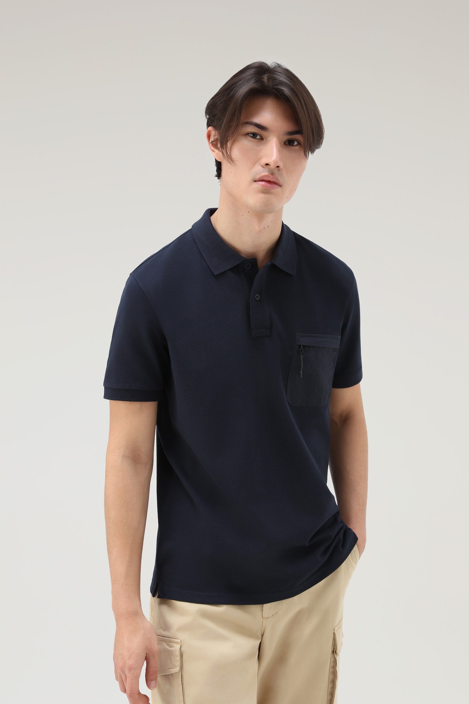Polo a maniche corte in piqué di cotone elasticizzato blu photo 4 | Woolrich