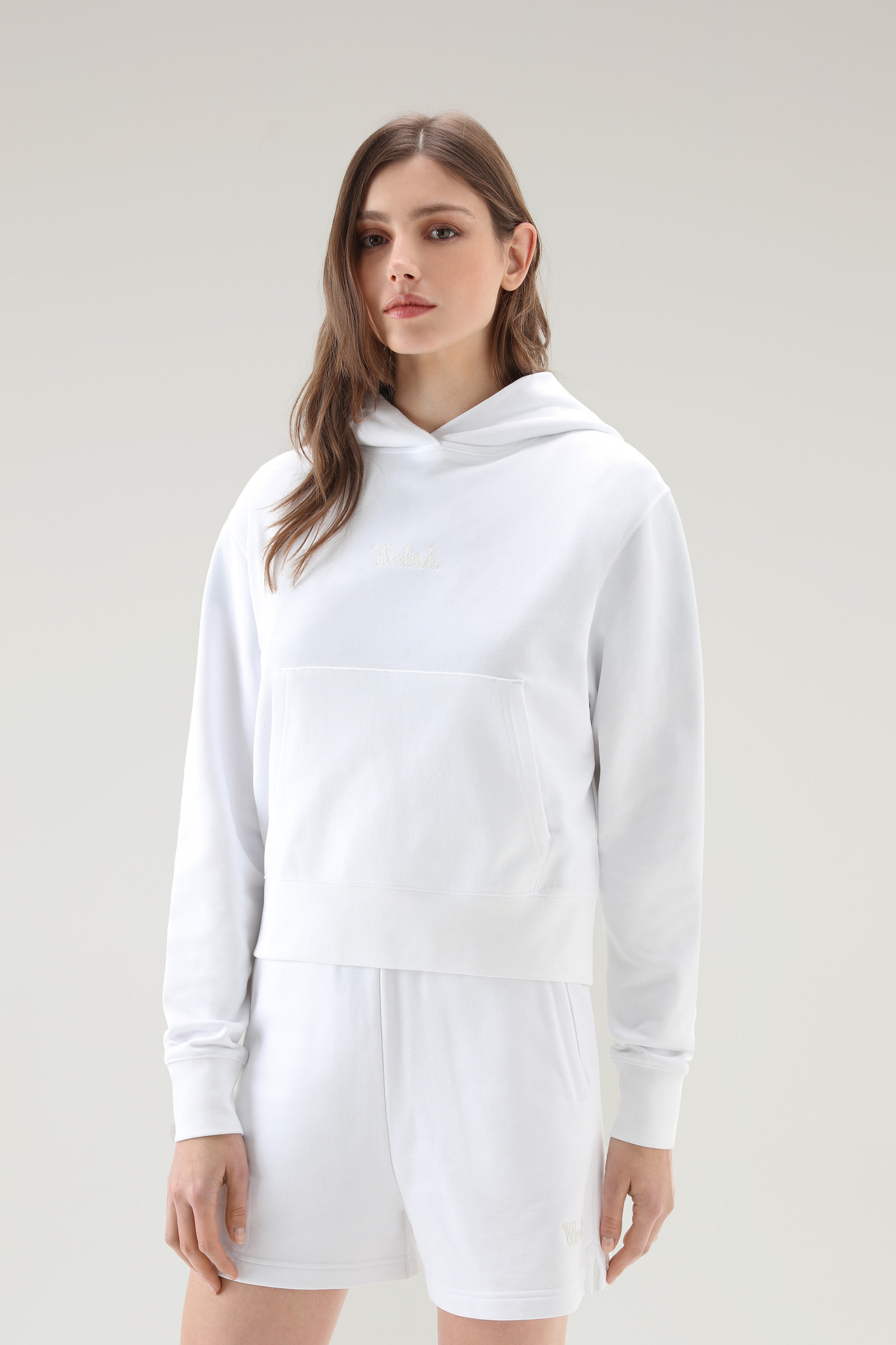 Sweat-shirt à capuche en pur coton avec logo brodé blanc | Woolrich