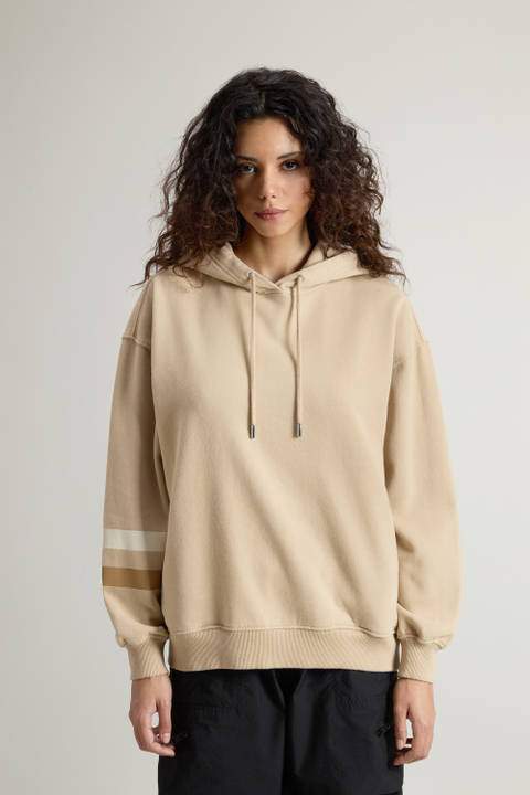 Sweat-shirt à capuche en pur coton avec motif à rayures sur la manche Beige | Woolrich