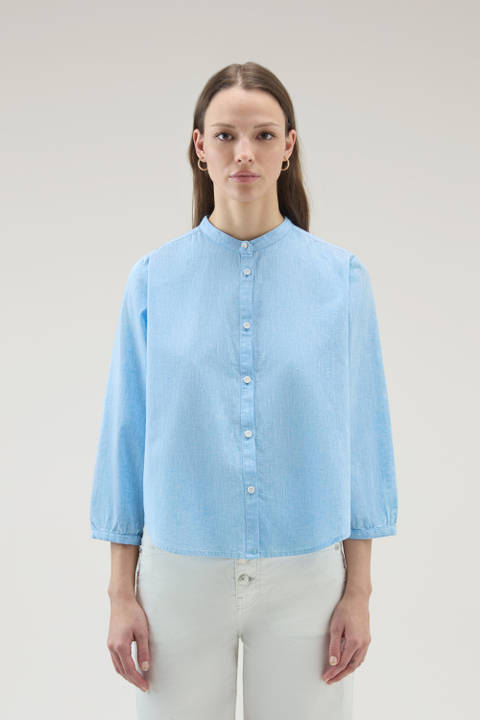Girls' Band Collar Shirt in Cotton-linen Blend Blue | Woolrich