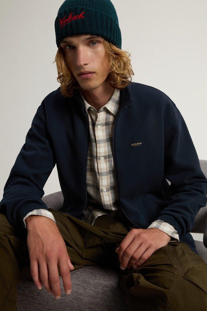 Sweat-shirt zippé à col montant en interlock de coton mélangé avec logo Bleu photo 4 | Woolrich