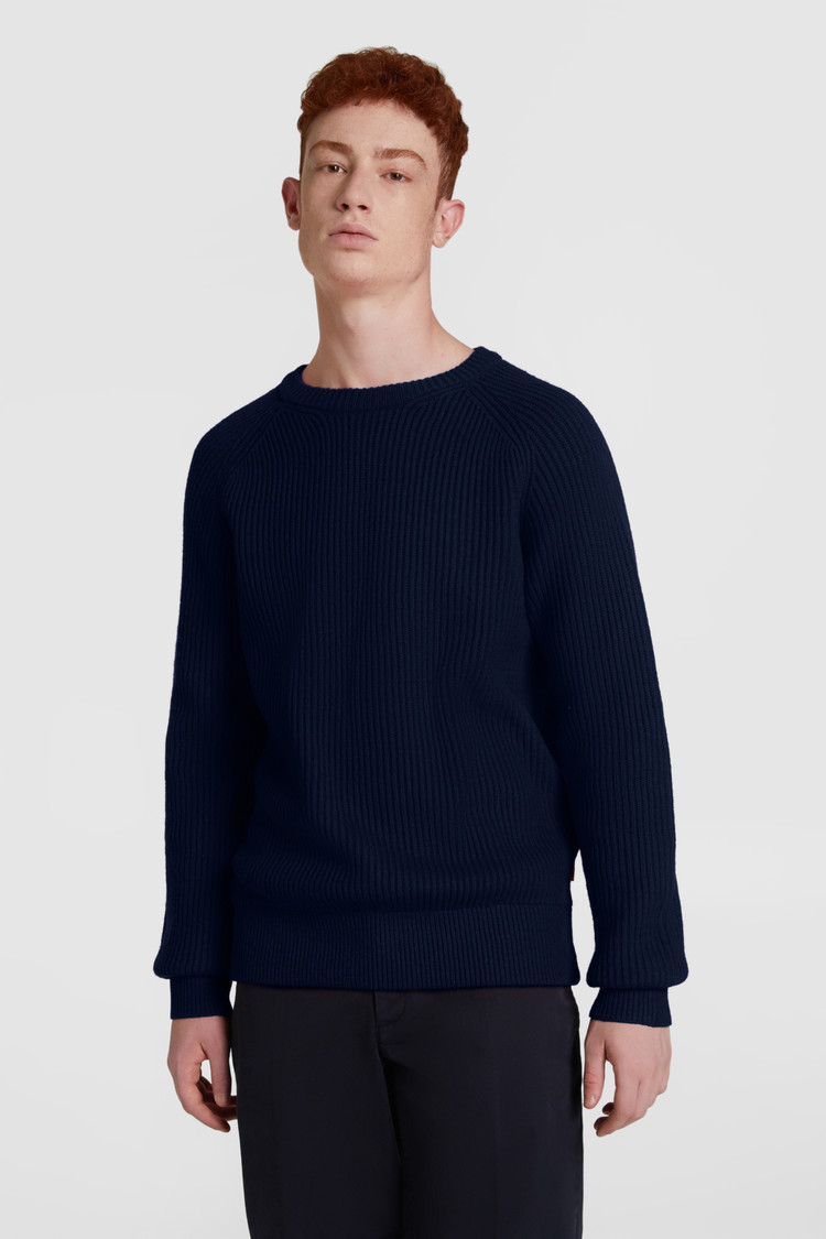 Rib-stitched wool crewneck sweater