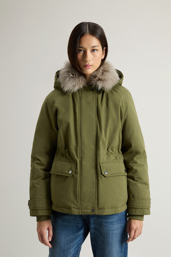 Short Arctic Parka in Mountain Cloth with Removable Hood and Fur Women Green