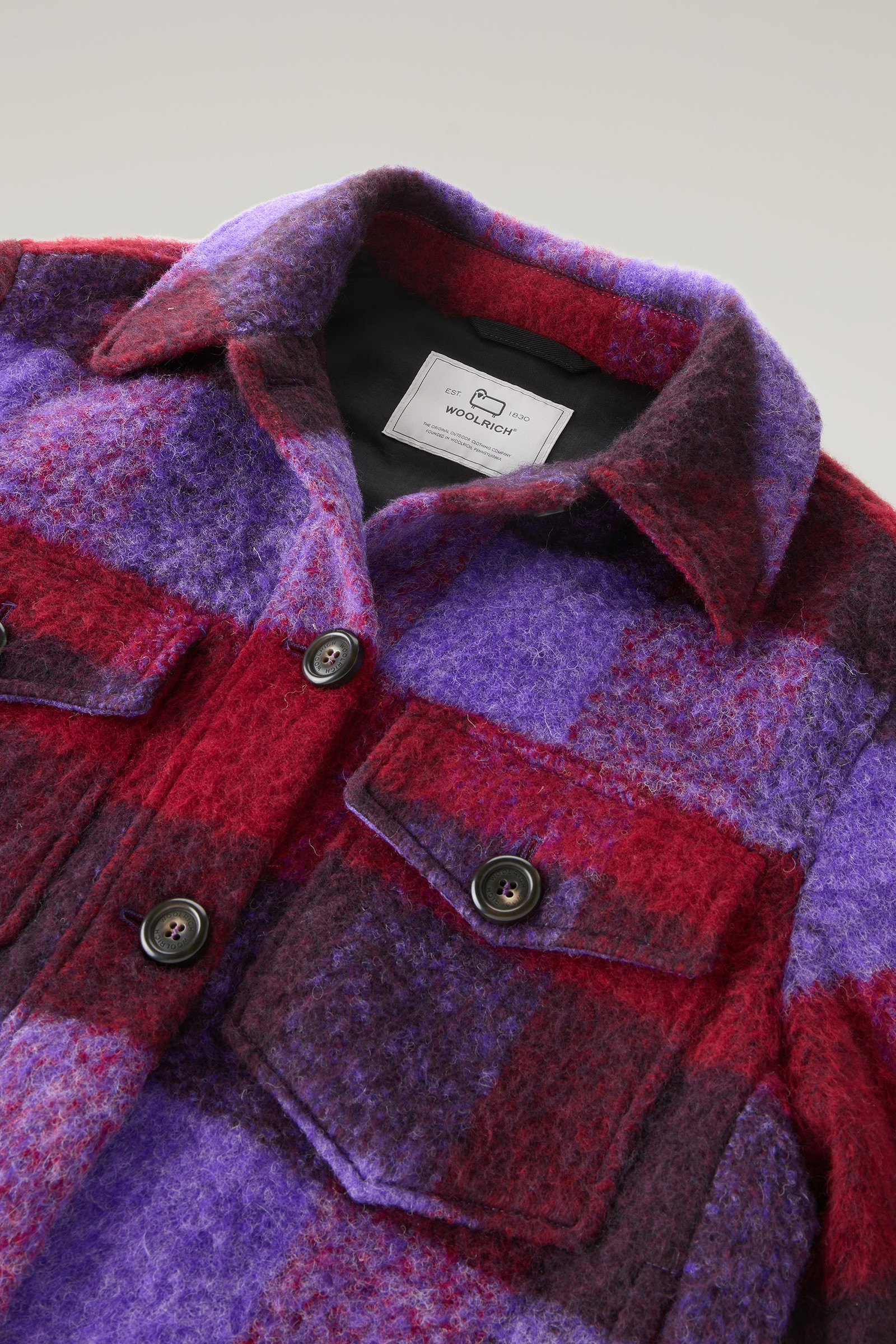 Check Overshirt wth Fringed Trim in Alpaca and Wool Blend Lilac photo 6 | Woolrich