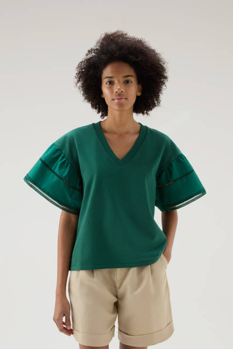 T-shirt Lakeside in puro cotone con maniche a palloncino Verde | Woolrich