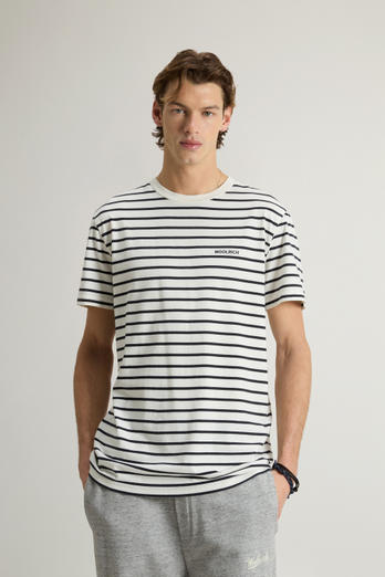 Striped Pure Cotton T-Shirt with Logo Blue | Woolrich