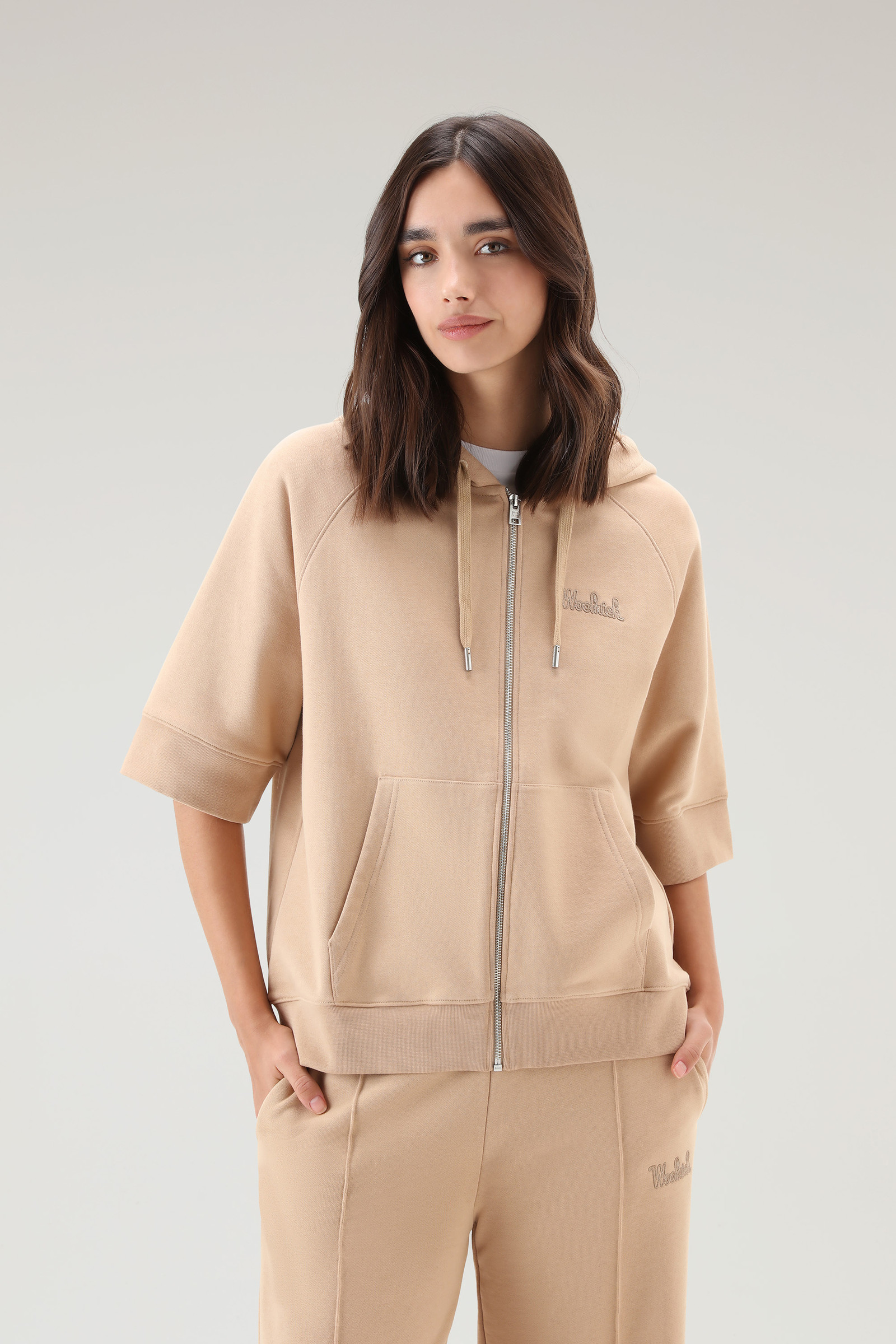 Sweat-shirt à capuche en pur coton avec manches trois-quarts beige | Woolrich