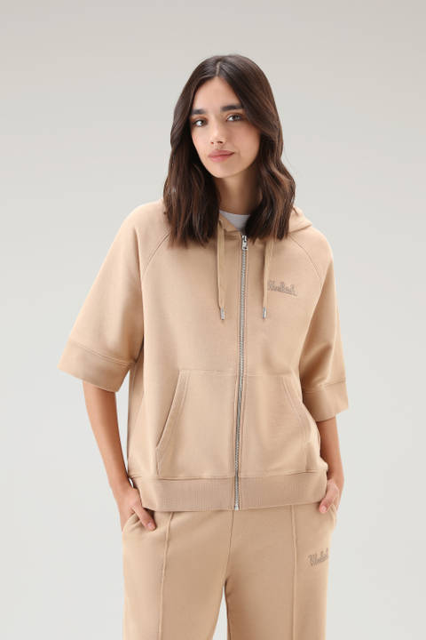 Sweat-shirt à capuche en pur coton avec manches trois-quarts Beige | Woolrich