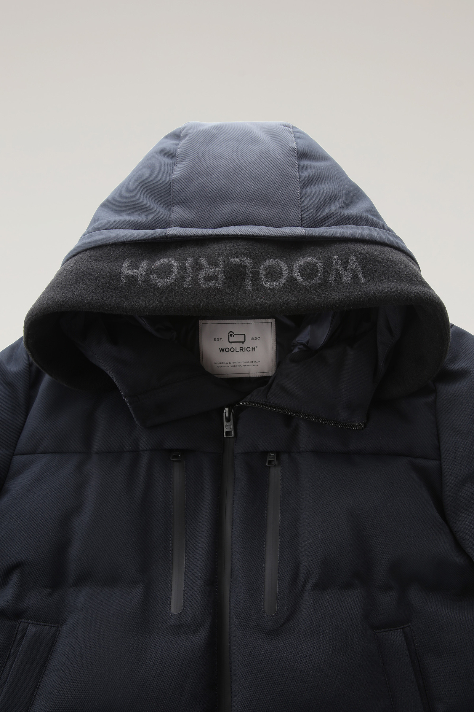 Down Jacket with Detachable Logo Wool Visor - Men - Blue