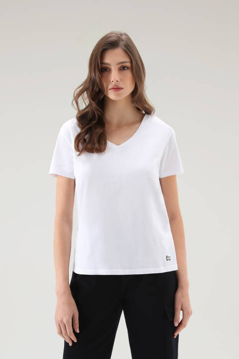 T-shirt à col en V en pur coton Blanc | Woolrich