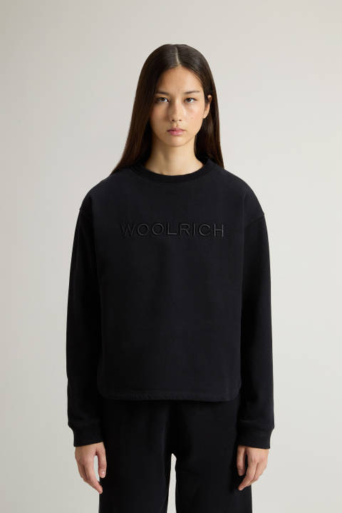 Sweat-shirt à col rond en pur coton avec lettrage brodé sur la poitrine Noir | Woolrich