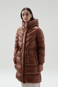Aliquippa Silky Long Down Jacket with a Drawstring Waist