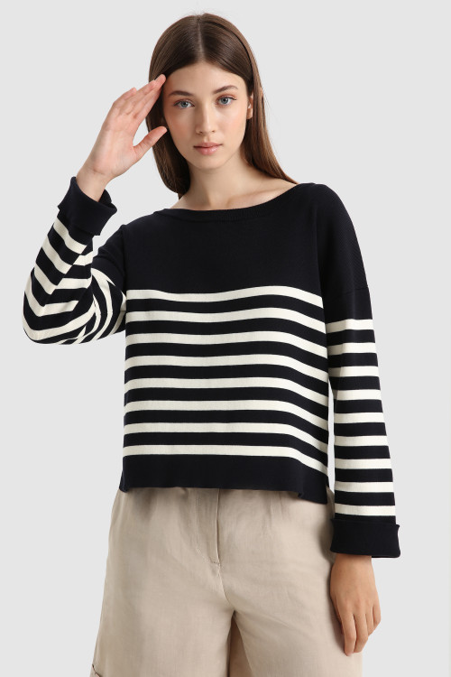 Cotton Crewneck Sweater with Ribbed Collar Blue | Woolrich