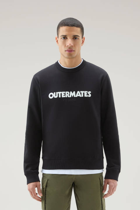 Pure Cotton Crewneck Sweatshirt with Embossed Print Black | Woolrich