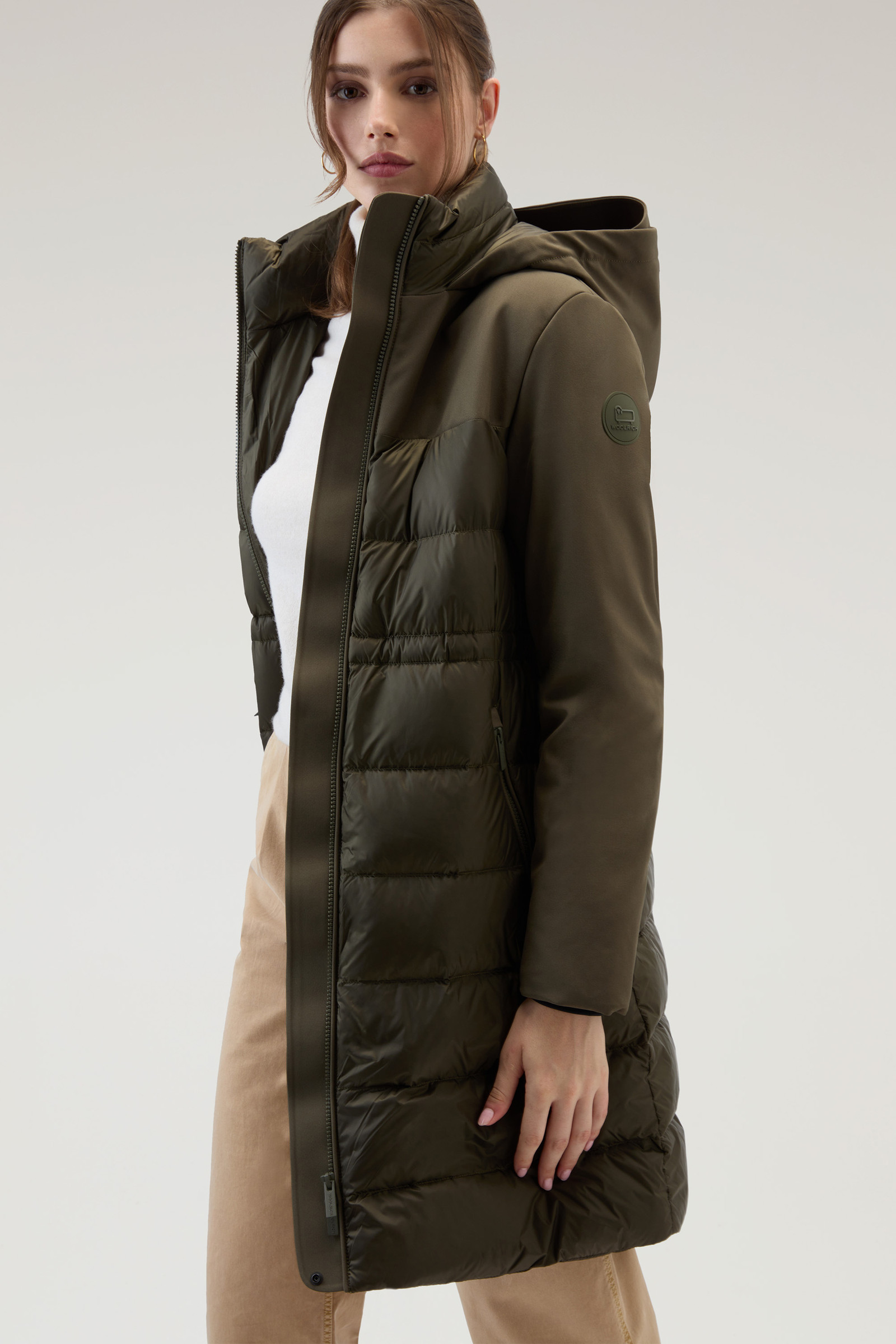 Women's Hybrid Quilted Parka in Tech Softshell Green | Woolrich UK