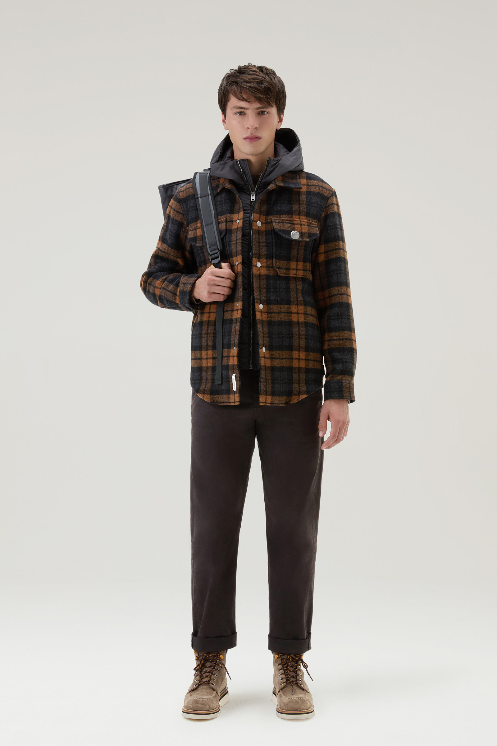 Men's Overshirt with Detachable Padded Bib and Hood Brown | Woolrich USA