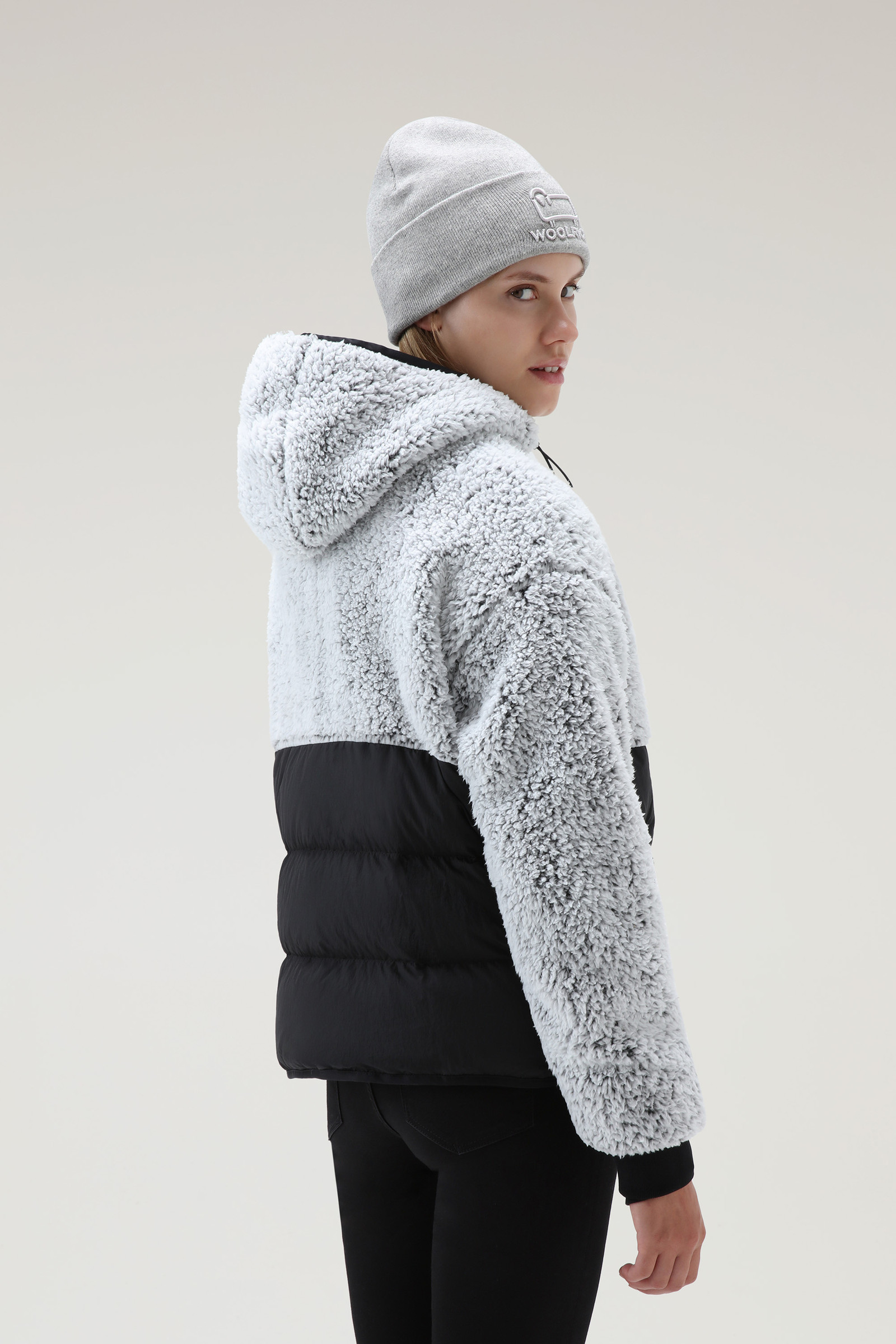 Felpa con cappuccio in pile e nylon crinkle nero photo 3 | Woolrich