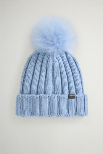 Beanie in Pure Virgin Wool with Cashmere Pom-Pom Blue | Woolrich