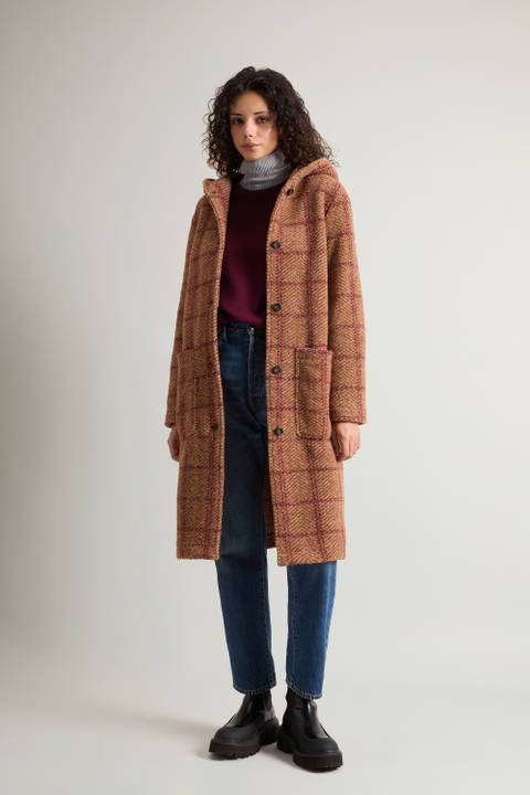 Gentry Long Check Coat with Hood Beige | Woolrich