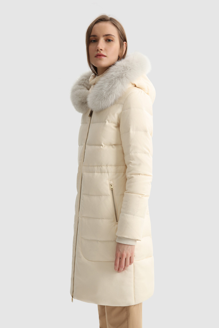 Parka lungo in lana e seta con pelliccia