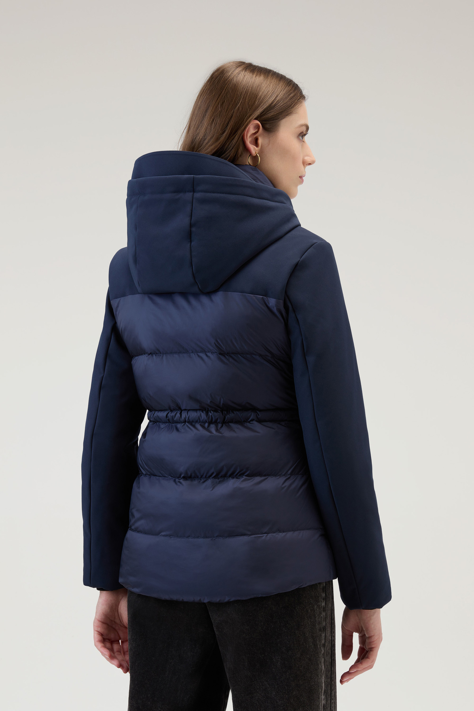 Hybrid Hooded Down Jacket in Tech Softshell Blue photo 3 | Woolrich