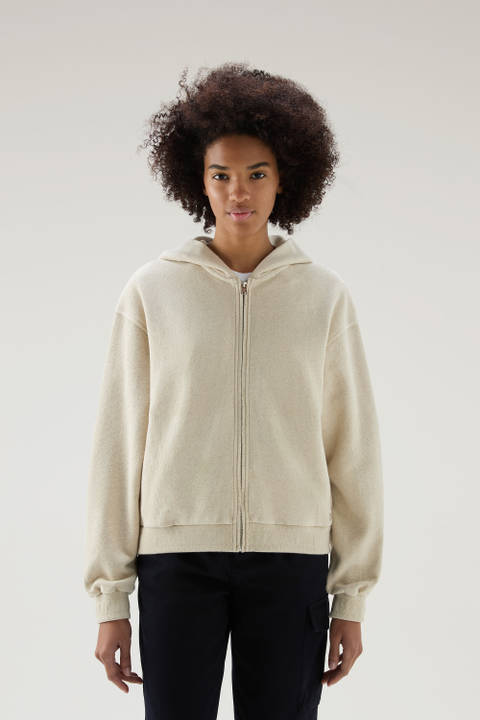 Sweat-shirt à capuche zippé en coton et lin mélangés Beige | Woolrich