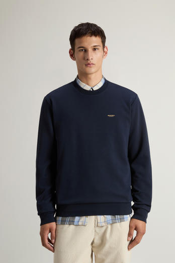 Crewneck Sweatshirt in Cotton-Blend Interlock with Logo Blue | Woolrich