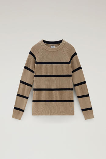 Striped Crewneck Sweater in Pure Cotton Beige | Woolrich