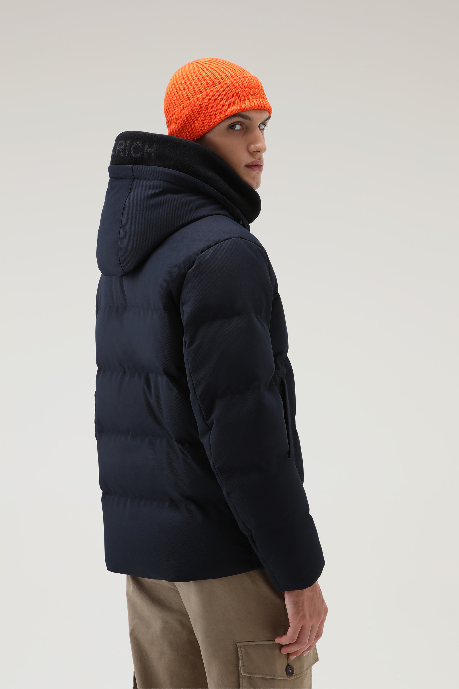 Down Jacket with Detachable Logo Wool Visor - Men - Blue