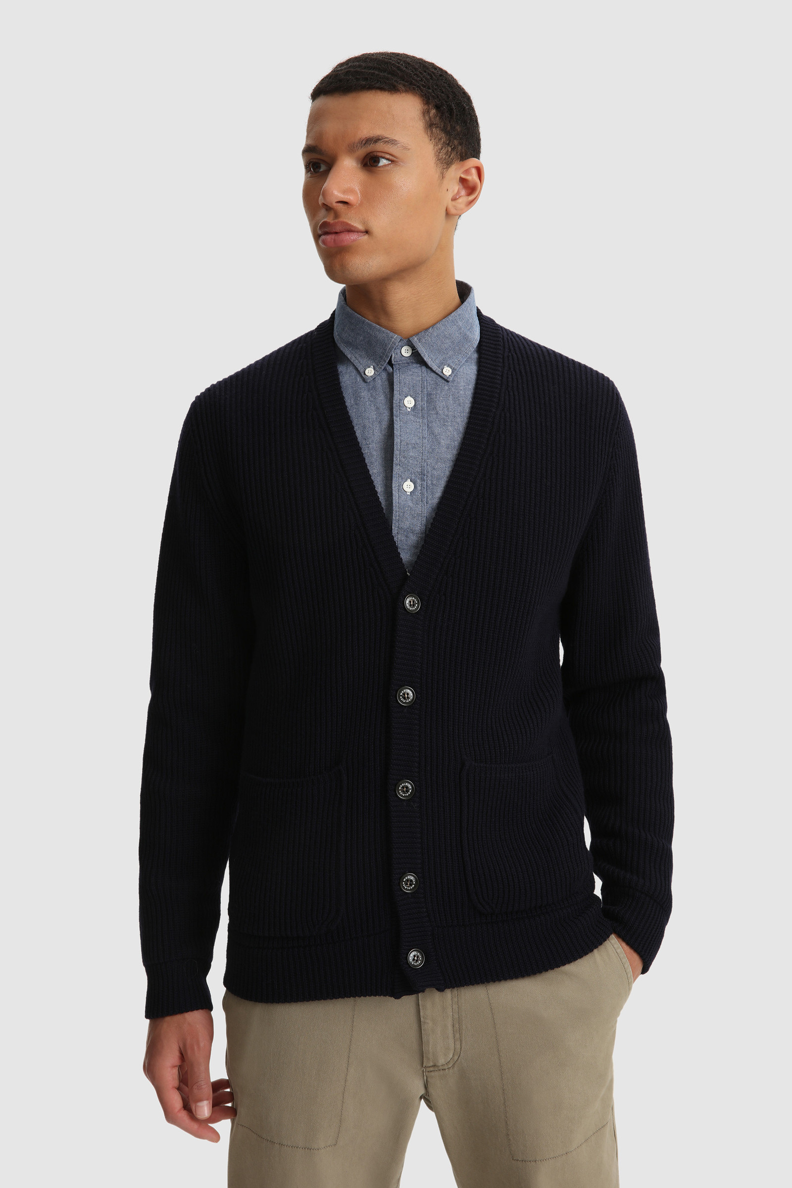 Men's Ribbed Merino Wool Cardigan Blue | Woolrich USA