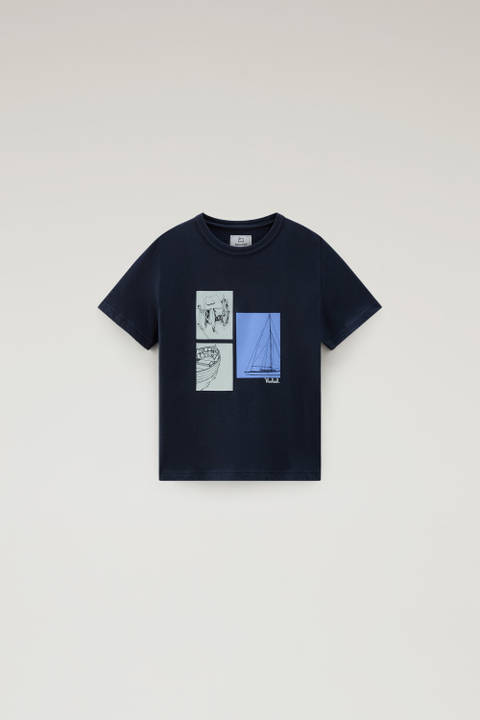 Boys' Pure Cotton T-Shirt with Graphic Print Blue | Woolrich