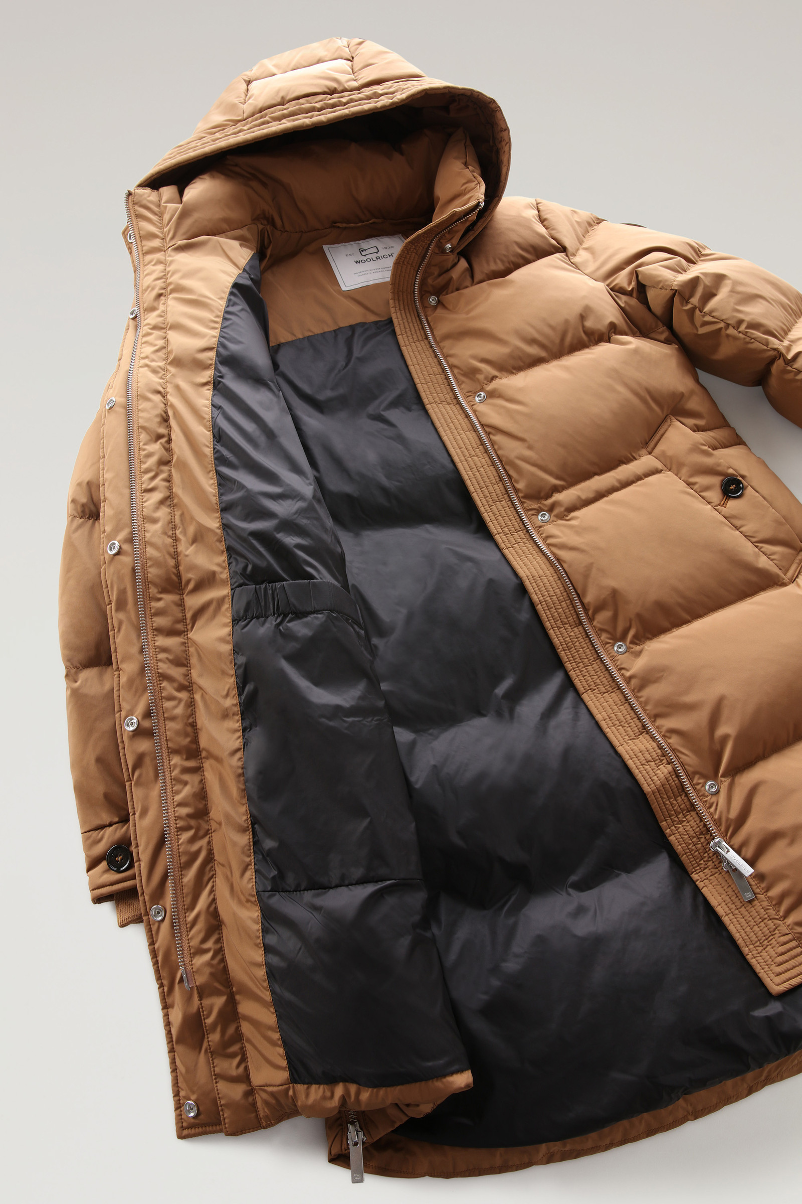 Hooded Alsea Down Jacket in Stretch Nylon Brown | Woolrich USA